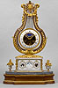 An extremely rare and beautiful Louis XVI tricoloured gilt bronze, enamel and marble lyre clock of eight day duration by Jacques-Thomas Bréant 